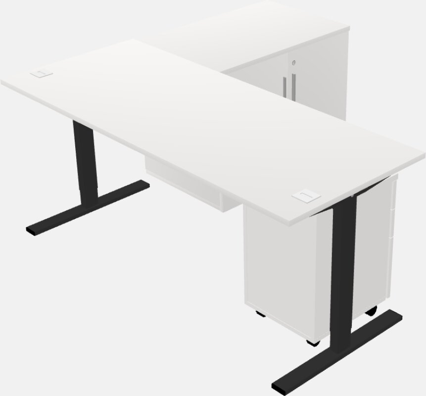 Sit-to-stand l-shaped desk with storage cabinet return plus pedestal file cabinet