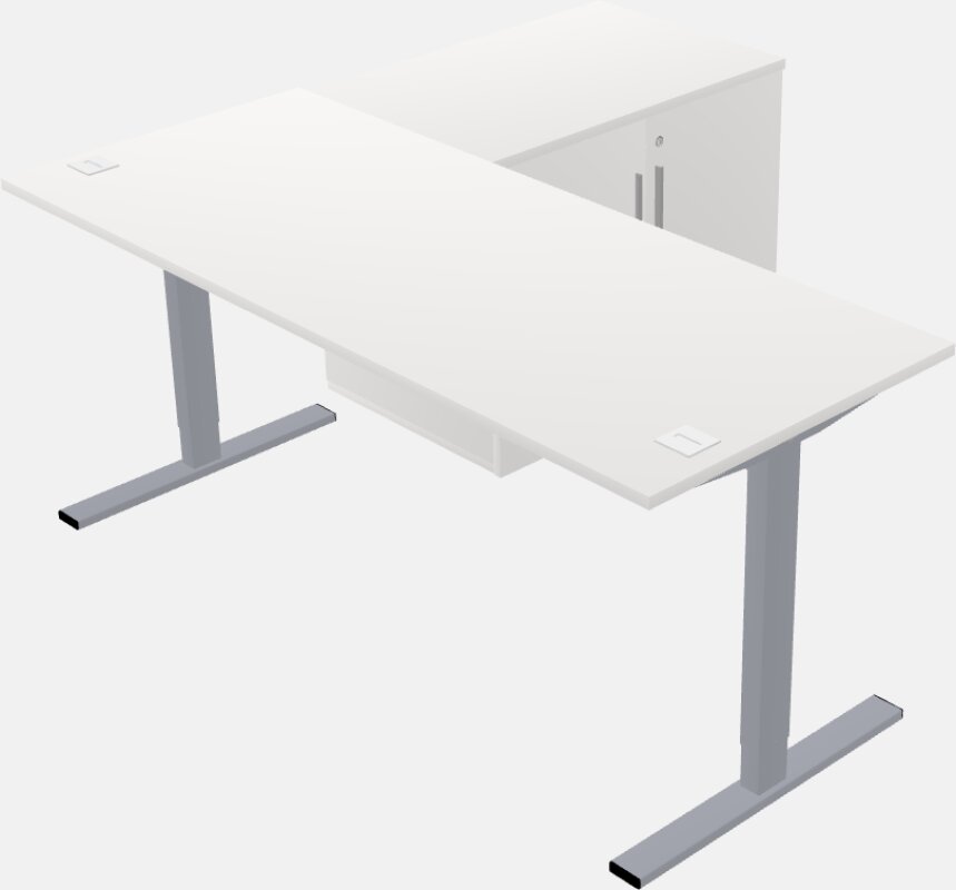 Стол Г-образной формы с возможностью установки сидя и стоя с возвратом шкафа для хранения
