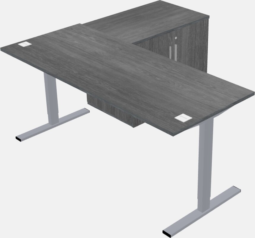 Sit-to-stand l-shaped desk with storage cabinet return