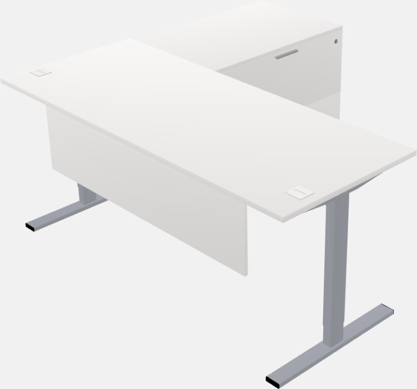 مكتب على شكل حرف l يمكن الجلوس فيه والوقوف مع خزانة جانبية قابلة للإرجاع