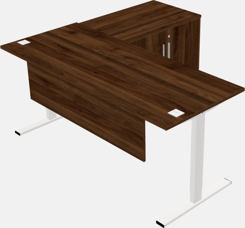 مكتب على شكل حرف l يمكن الجلوس فيه والوقوف مع خزانة تخزين قابلة للإرجاع