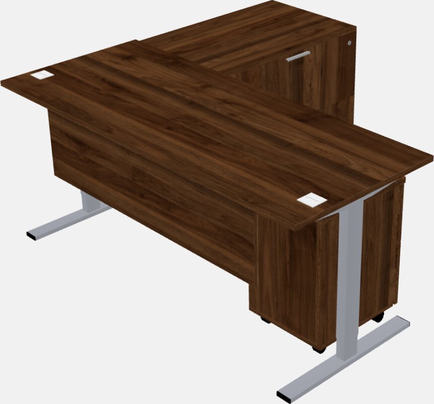 مكتب على شكل حرف l يمكن الجلوس فيه والوقوف مع خزانة جانبية للإرجاع بالإضافة إلى خزانة ملفات بقاعدة