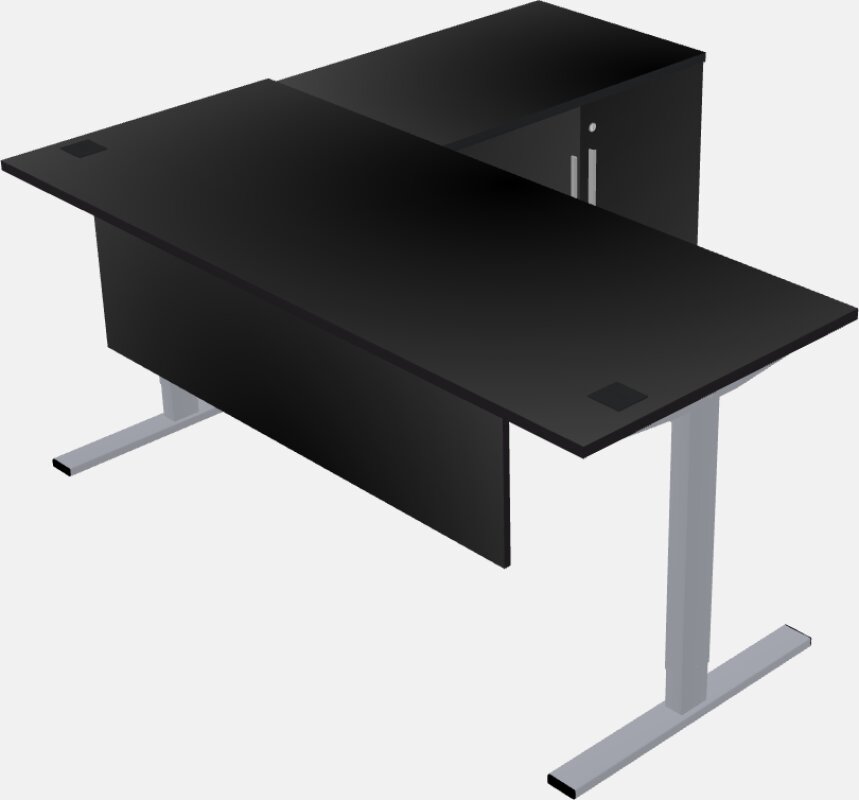 स्टोरेज कैबिनेट रिटर्न के साथ सिट-टू-स्टैंड एल-आकार का डेस्क