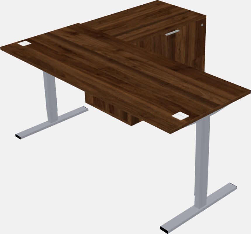 Sit-to-stand l-shaped desk with lateral cabinet return