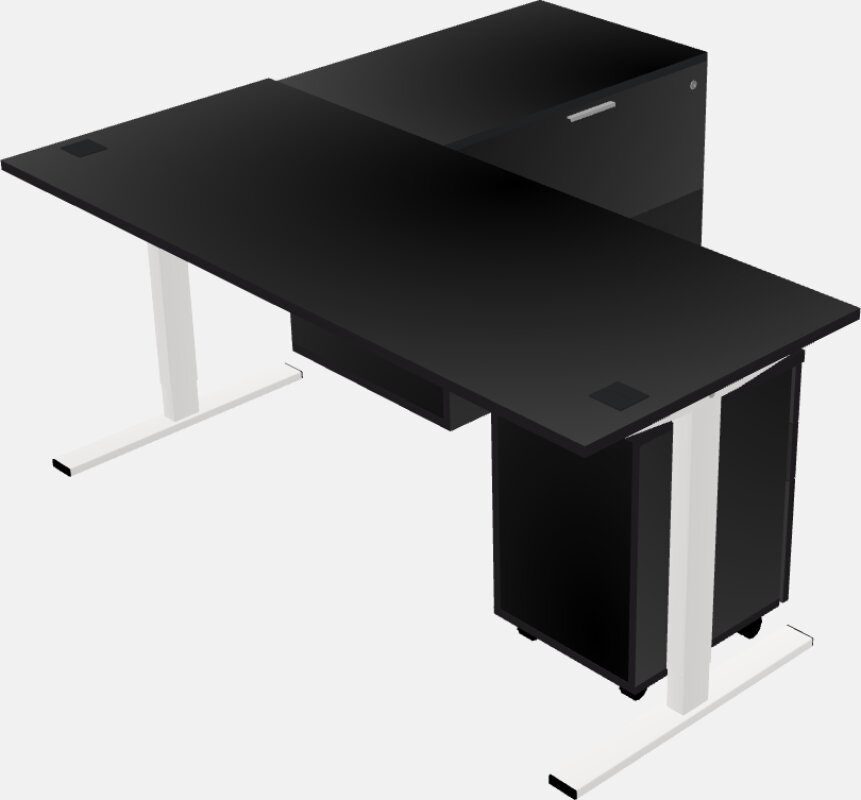 Sit-to-stand l-shaped desk with lateral cabinet return plus pedestal file cabinet