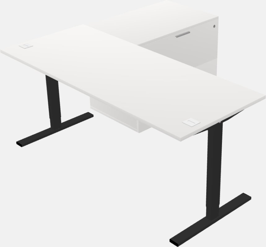 Sit-to-stand l-shaped desk with lateral cabinet return