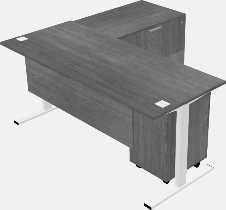 Mesa em forma de l sit-to-stand com retorno de gabinete lateral e arquivo de pedestal