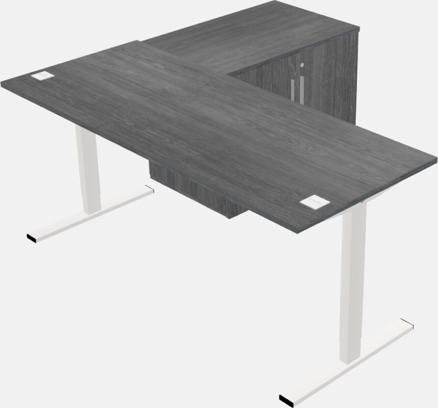 Sit-to-stand na l-shaped na mesa na may storage cabinet return