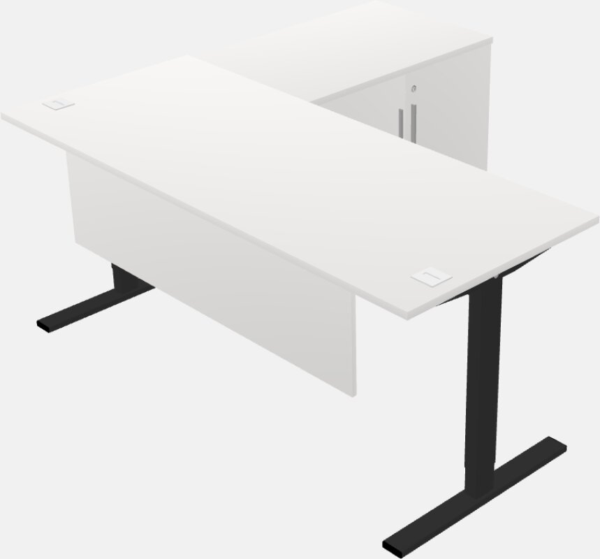 مكتب على شكل حرف l يمكن الجلوس فيه والوقوف مع خزانة تخزين قابلة للإرجاع
