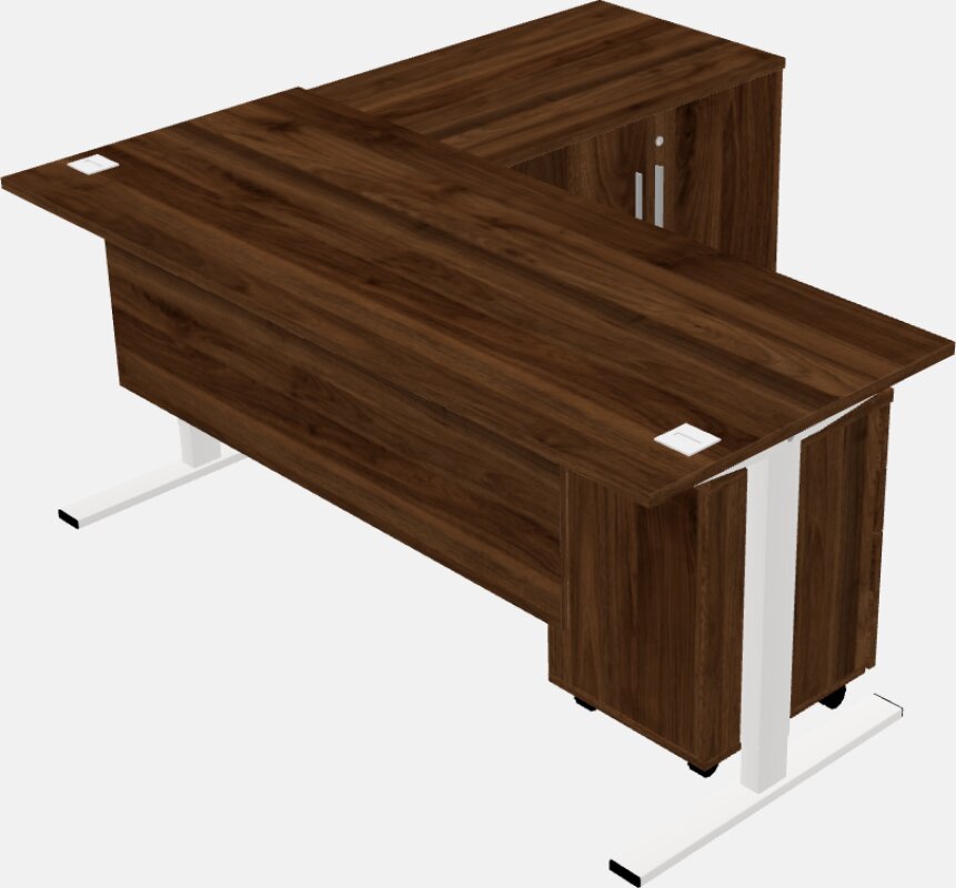 مكتب على شكل حرف l يمكن الجلوس فيه والوقوف مع خزانة تخزين بالإضافة إلى خزانة ملفات بقاعدة