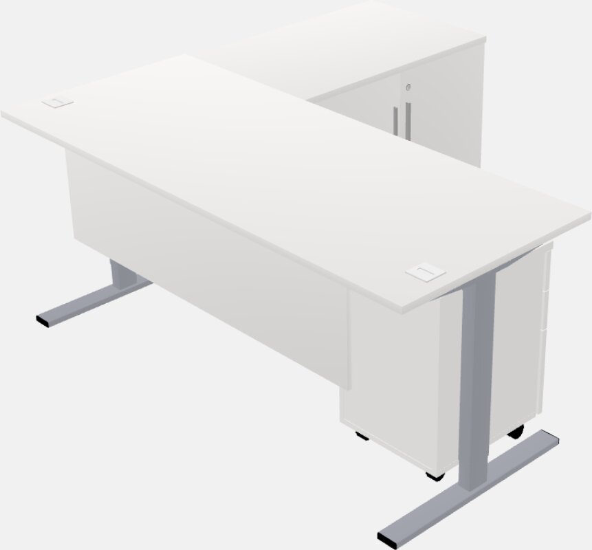 مكتب على شكل حرف l يمكن الجلوس فيه والوقوف مع خزانة تخزين بالإضافة إلى خزانة ملفات بقاعدة