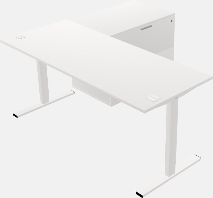 लेटरल कैबिनेट रिटर्न के साथ सिट-टू-स्टैंड एल-आकार का डेस्क