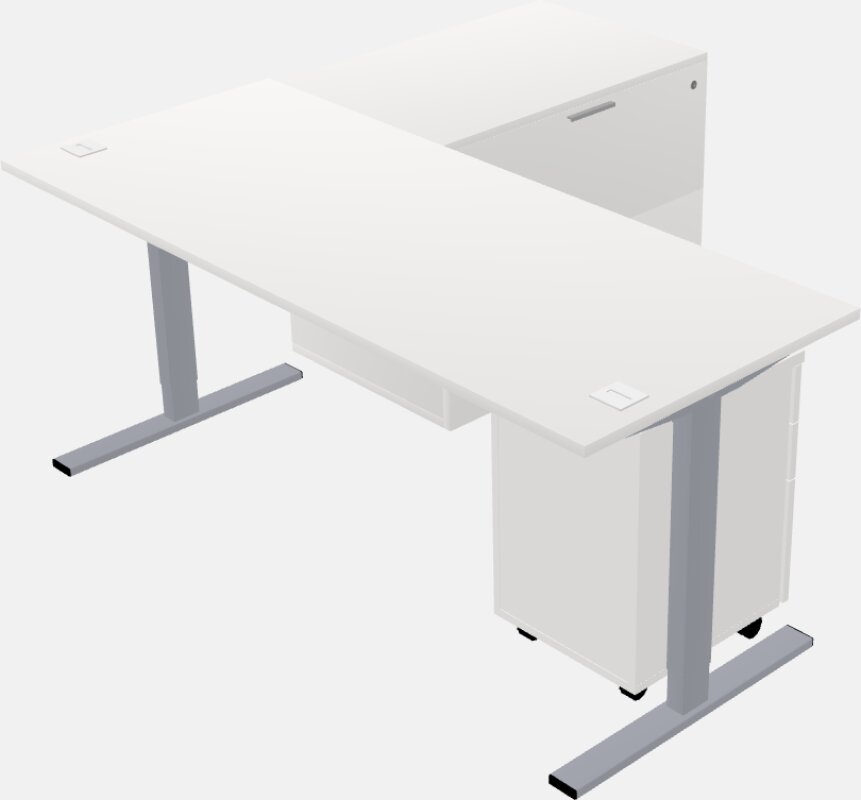 Sit-to-stand l-shaped desk with lateral cabinet return plus pedestal file cabinet