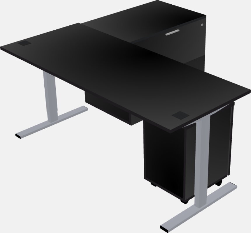 Sit-to-stand na l-shaped na mesa na may lateral cabinet return plus pedestal file cabinet