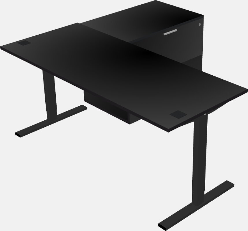 مكتب على شكل حرف l يمكن الجلوس فيه والوقوف مع خزانة جانبية قابلة للإرجاع