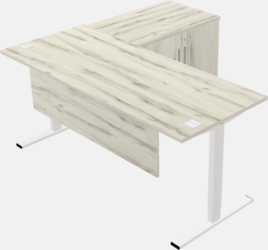 Стол Г-образной формы с возможностью установки сидя и стоя с возвратом шкафа для хранения