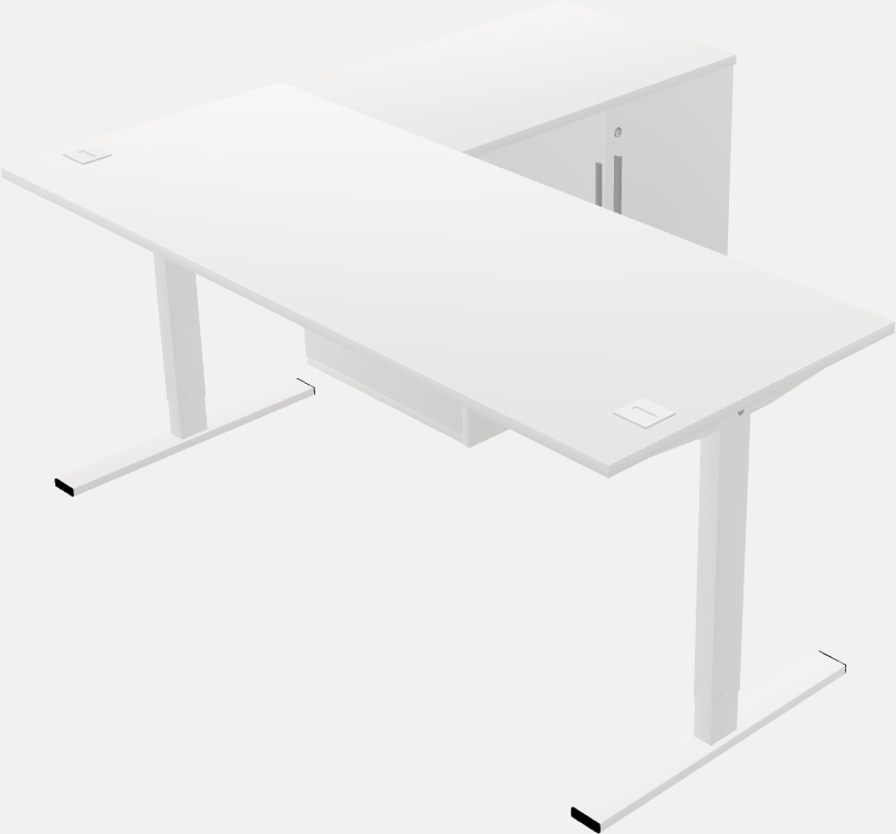 Mesa em forma de l sit-to-stand com retorno de armário de armazenamento