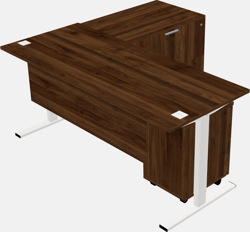 Sit-to-stand na l-shaped na mesa na may lateral cabinet return plus pedestal file cabinet