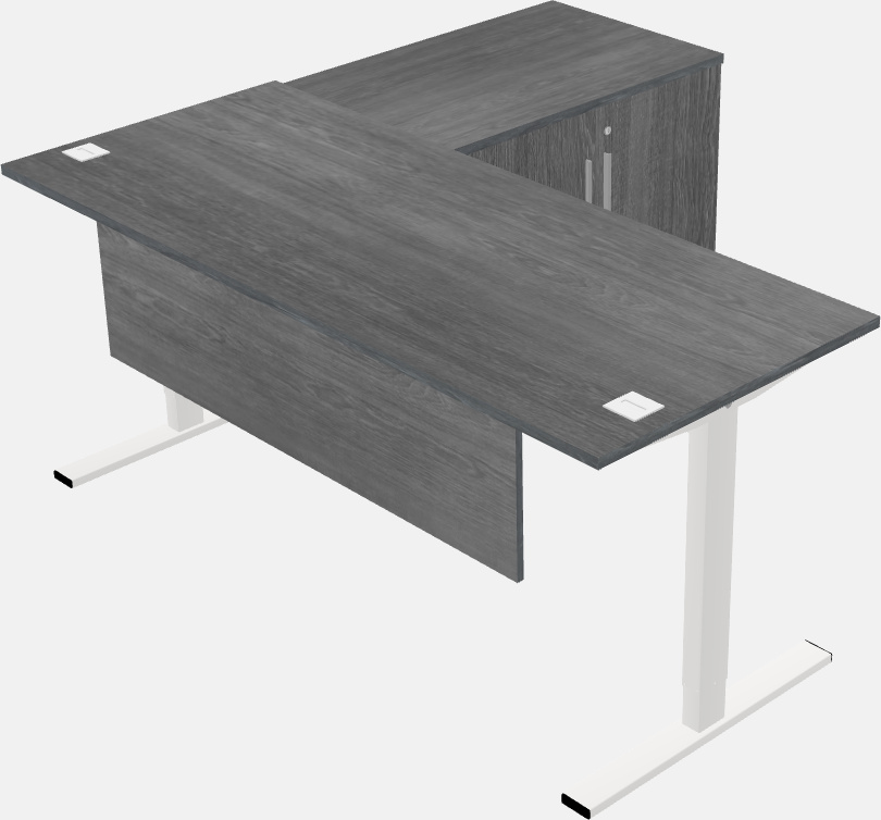 Mesa em forma de l sit-to-stand com retorno de armário de armazenamento