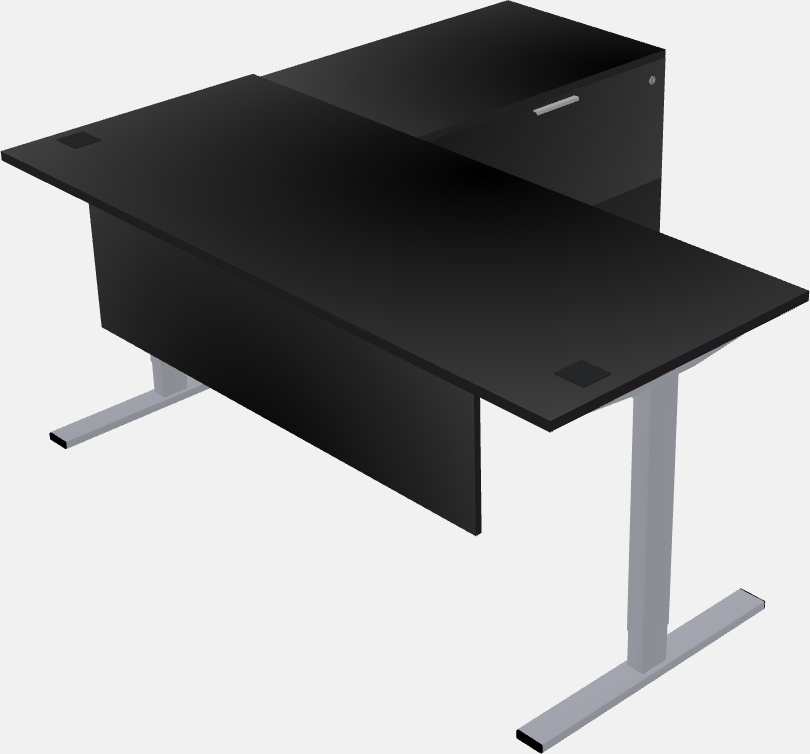 Sit-to-stand l-shaped desk with lateral cabinet return