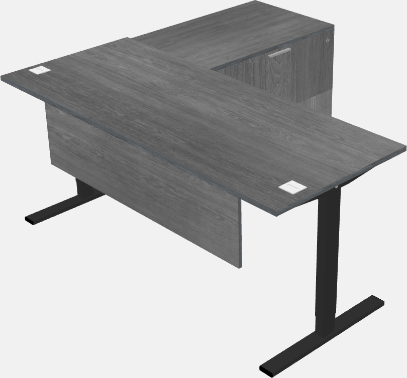 Sit-to-stand l-shaped desk with lateral cabinet return