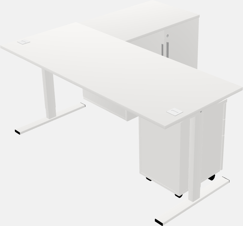 Mesa em forma de l sit-to-stand com retorno de armário de armazenamento e arquivo de pedestal