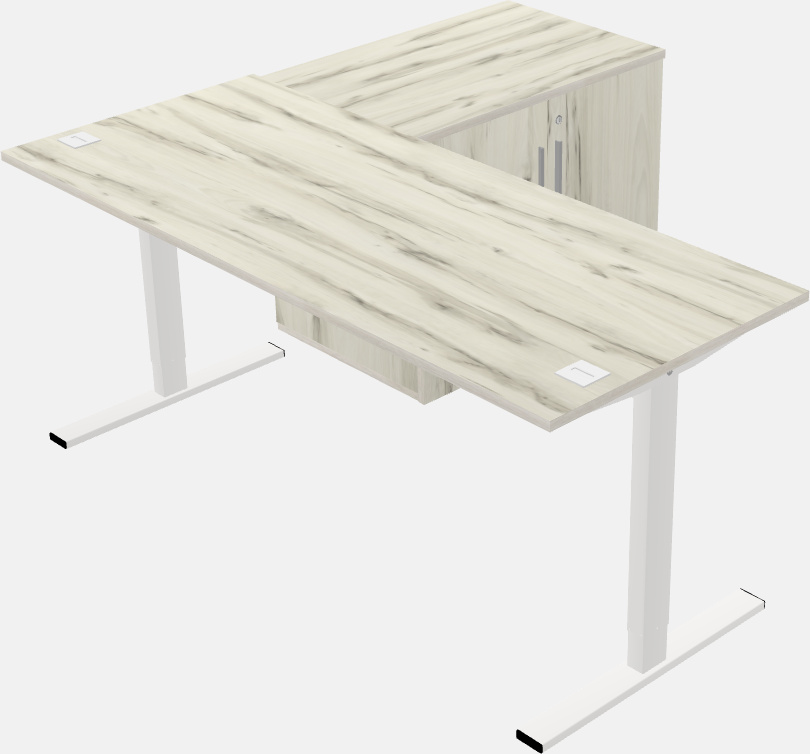 Sit-to-stand na l-shaped na mesa na may storage cabinet return