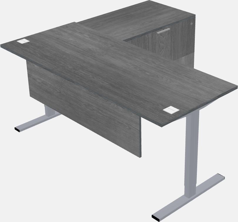 Sit-to-stand l-shaped desk with lateral cabinet return