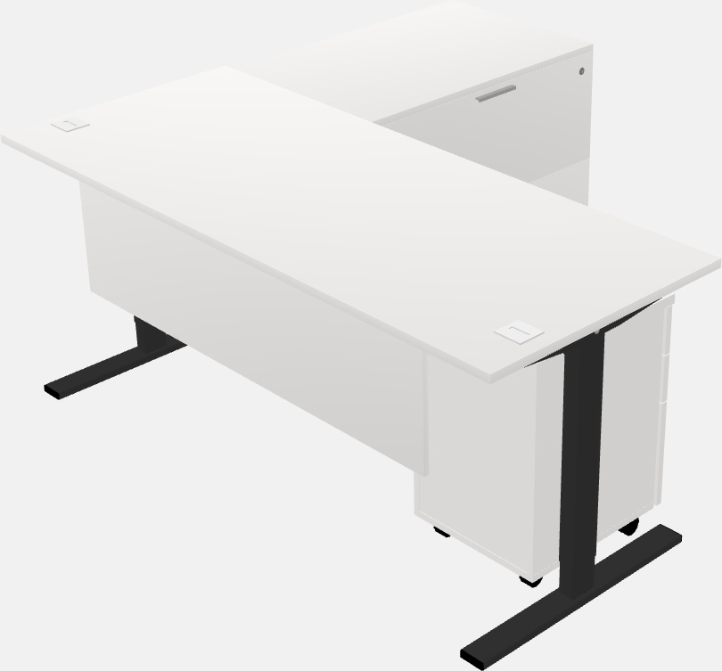 Sit-to-stand na l-shaped na mesa na may lateral cabinet return plus pedestal file cabinet