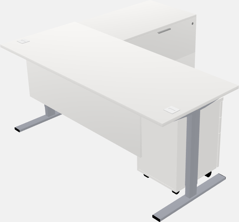 Sit-to-stand na l-shaped na mesa na may lateral cabinet return plus pedestal file cabinet