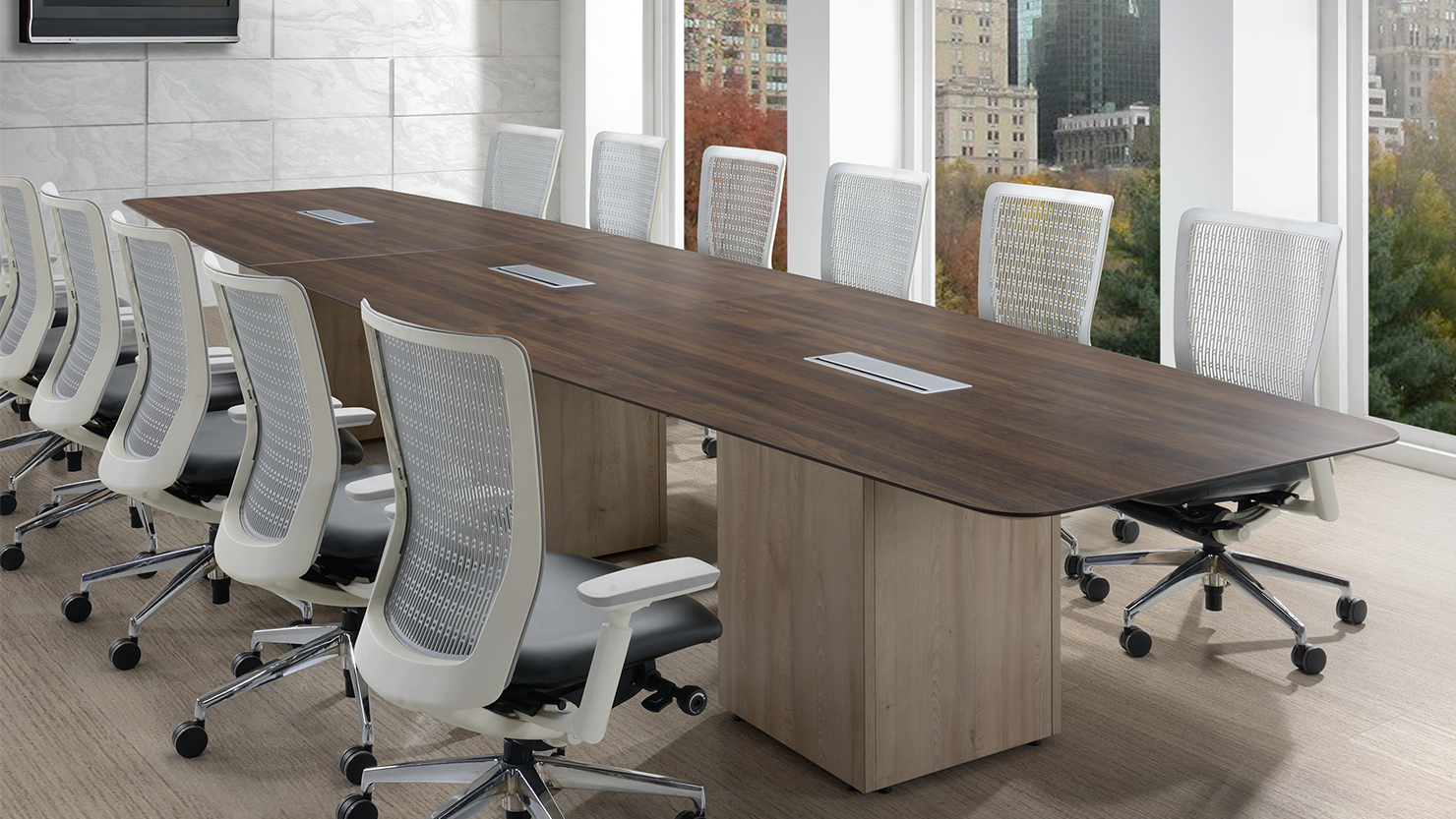 Mesa de reunião em forma de barco Slick Columbia Walnut para 16 pessoas