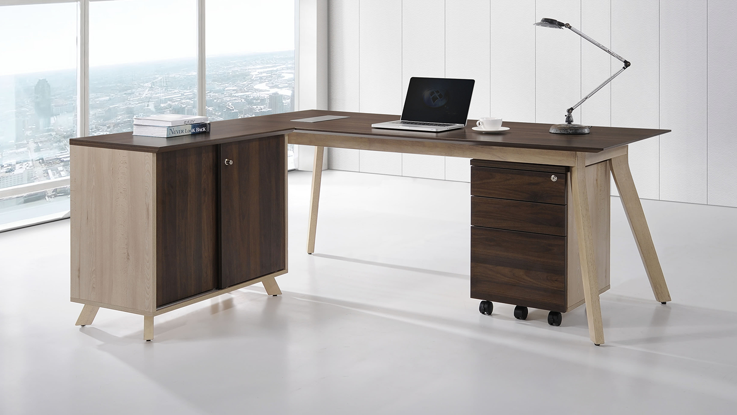Slick columbia walnut L-shaped Office Desk with Cabinet