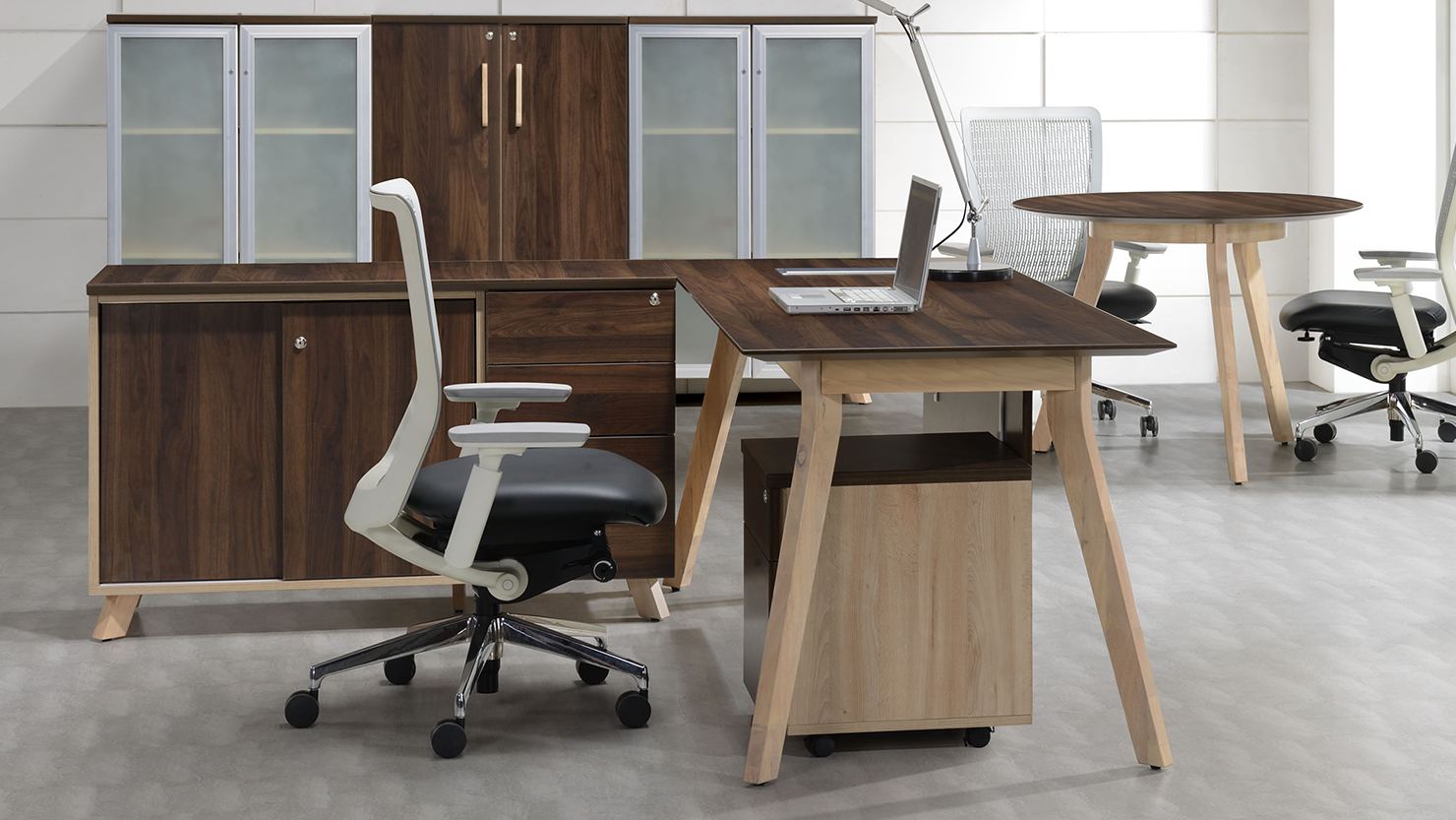 Slick columbia walnut L-shaped Office Desk with Cabinet